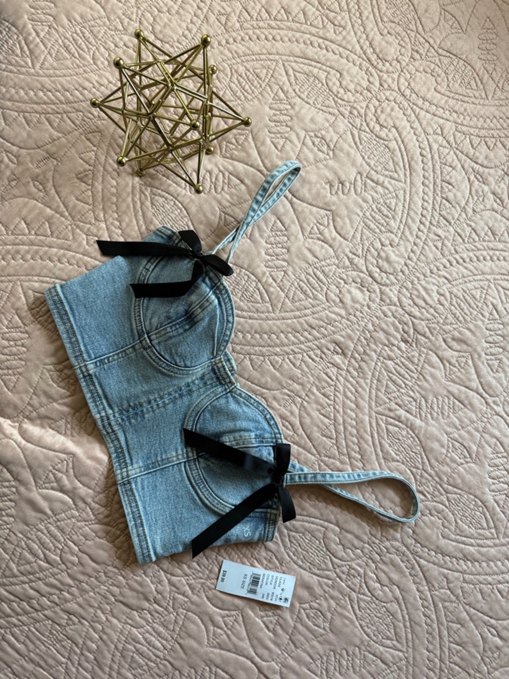 PacSun Light Blue Denim Crop Top with Black Ribbon Ties
